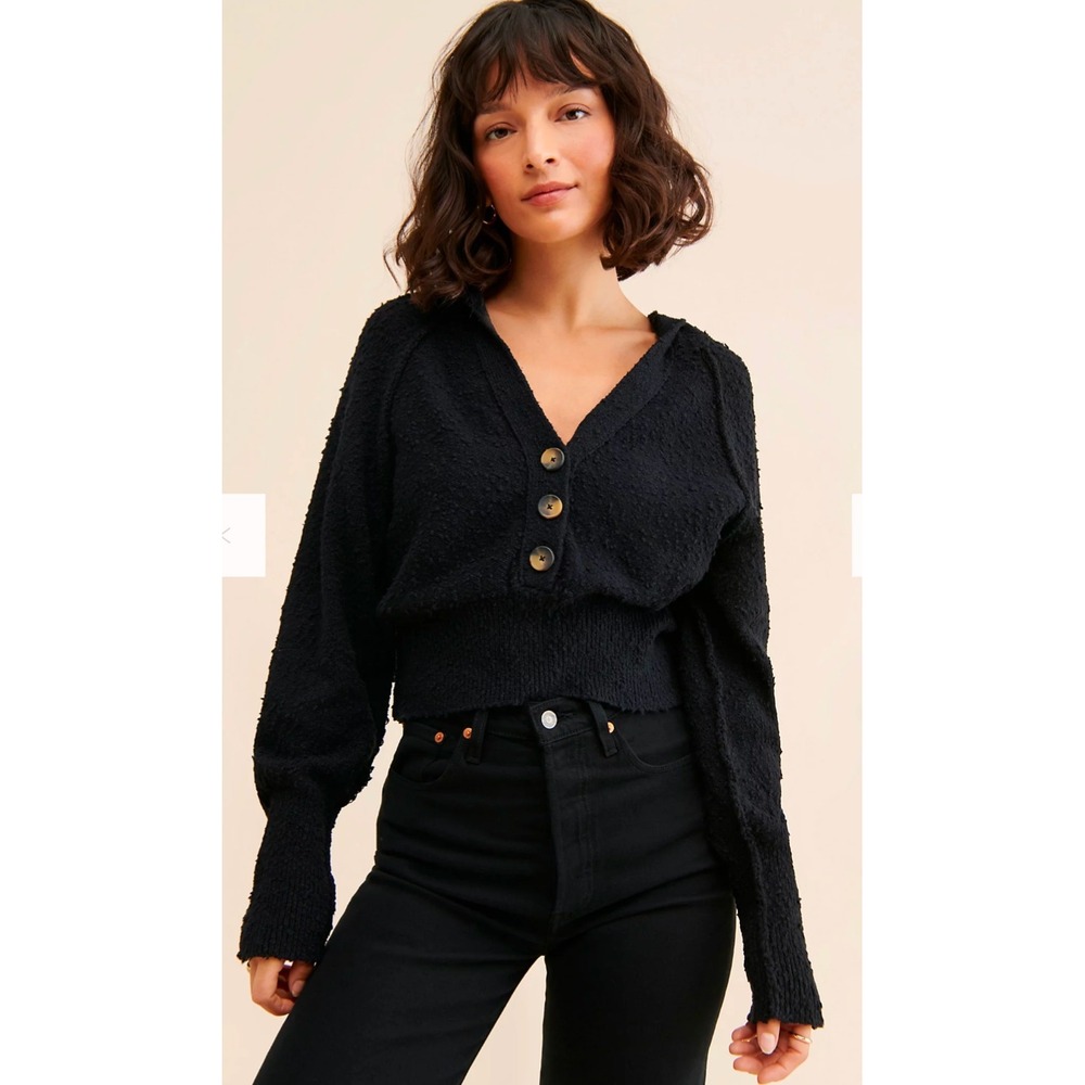 Free People Cardigan Hoodie Women L Black Textured Knit Cropped Button V-Neck